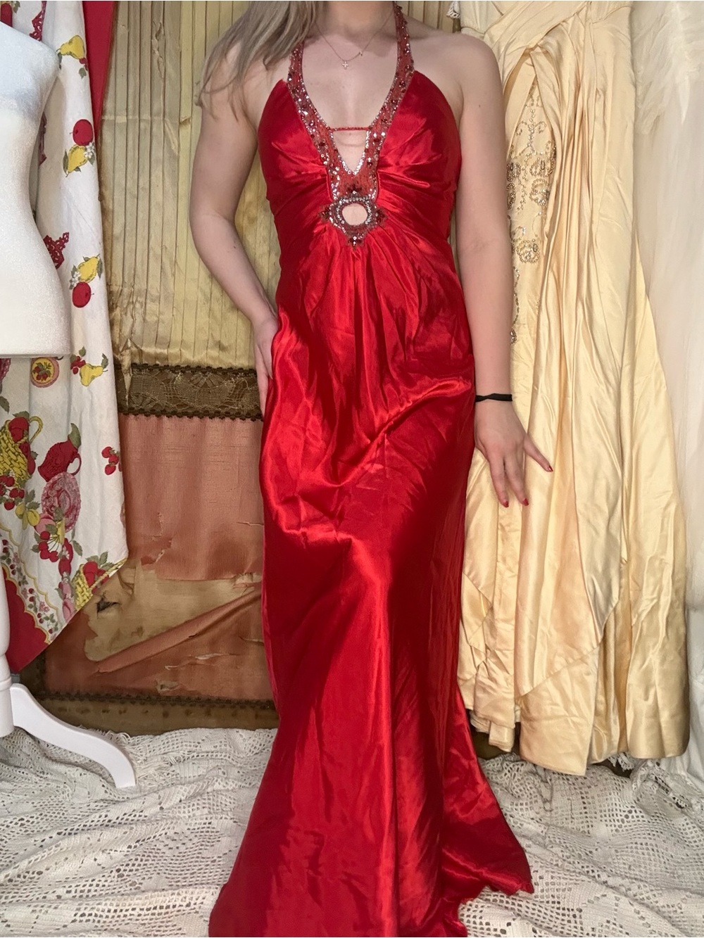 Y2K Morgan & Co. Red Beaded Halter Prom Gown